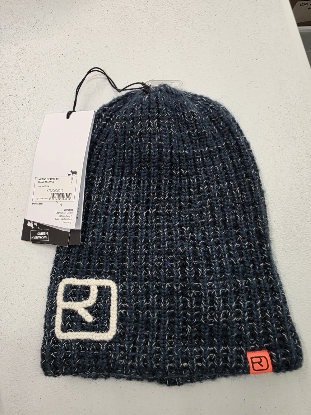 Ortovox Wool Navy Marled Knit Beanie with Contrast Logo Patchunisex fit
